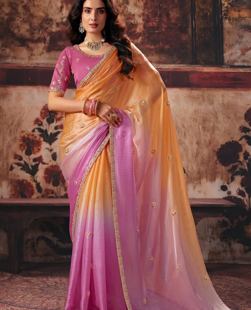 1014 - Ombre Peach & Pink Designer Style Festive Wear Saree